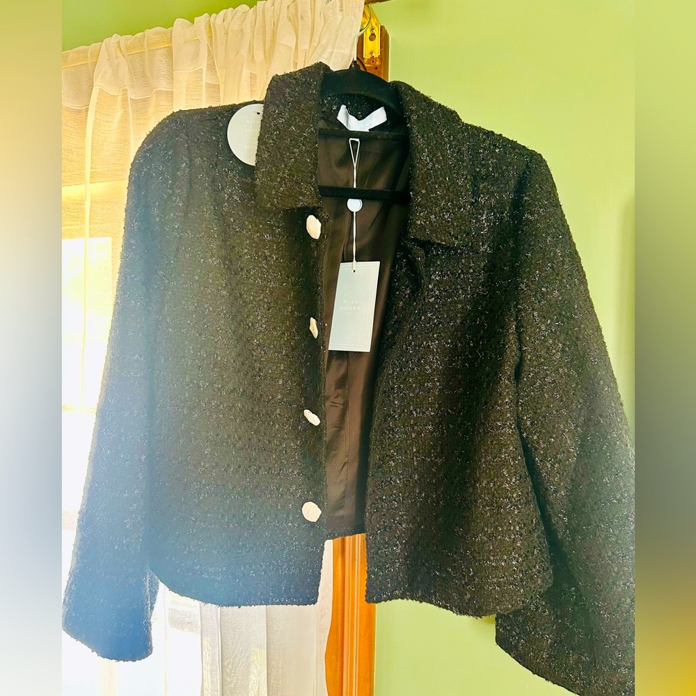NWT Hill House Bea tweed jacket with rhinestone buttons